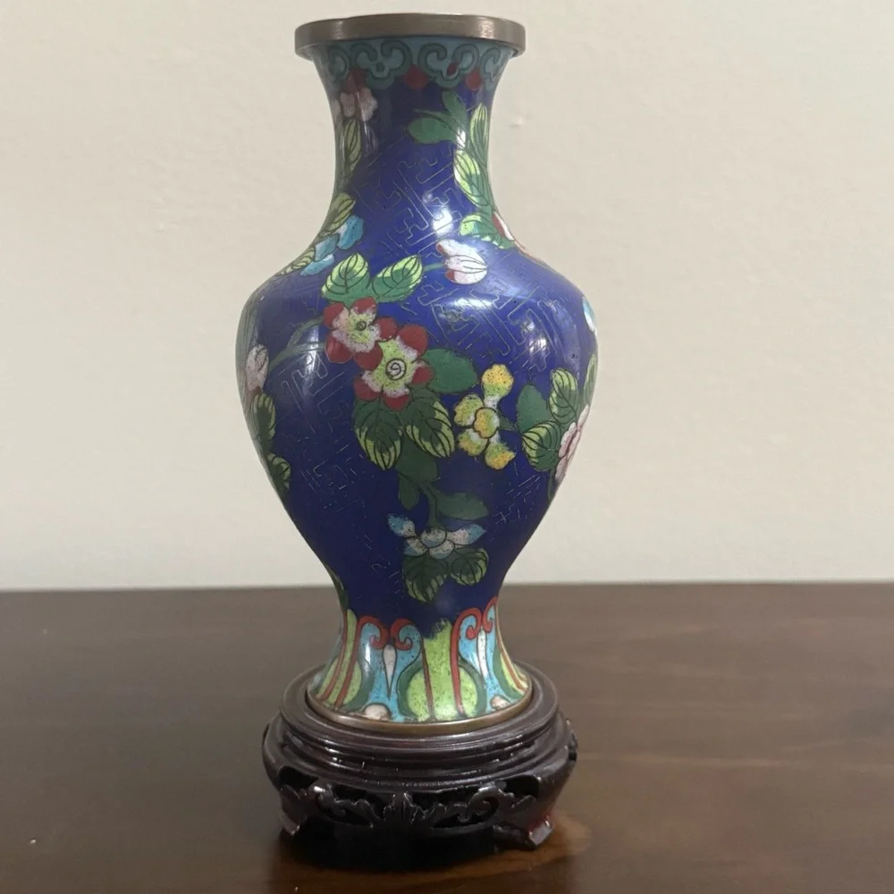 Vintage Blue Cloisonné Floral Vase with Carved Wood Base - Picture 3 of 11